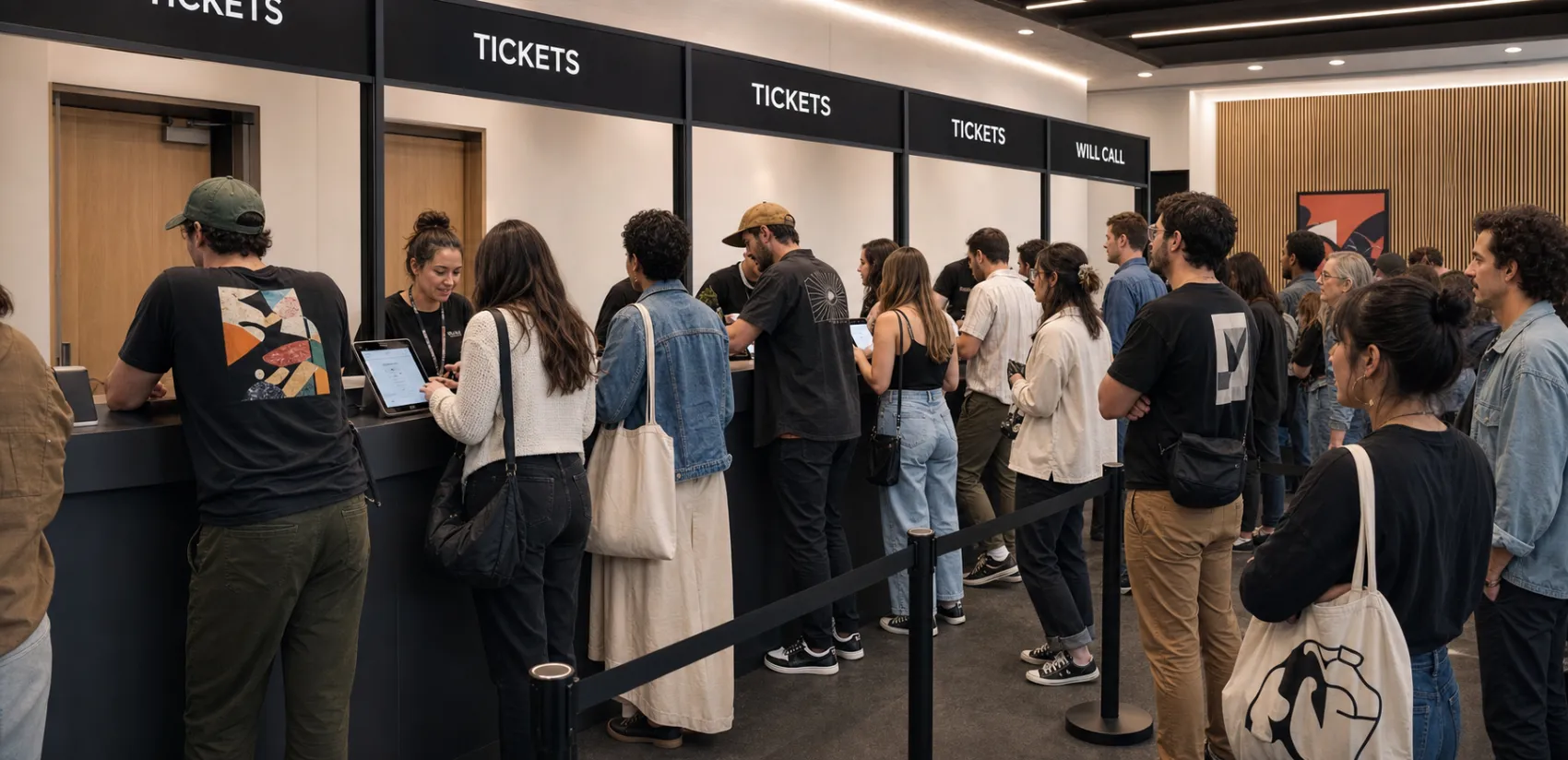 Ticket buyers at a staffed box office window